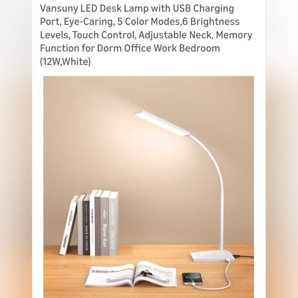 White LED Desk Lamp with USB Charging - Adjustable Eye-Caring Light
